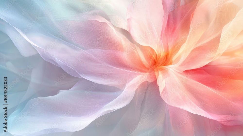Poster a calming abstract floral bloom with soft pastel petals and glowing edges, creating a delicate and h