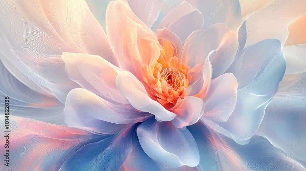 Poster a calming abstract floral bloom with soft pastel petals and glowing edges, creating a delicate and h