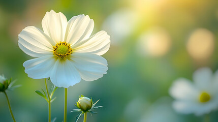 Fototapeta premium A close-up of a white cosmos in bloom a soft, blurred background