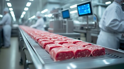 High-tech food production line creating synthetic meats, automated conveyors and digital displays for real-time monitoring of product quality, bright sterile environment