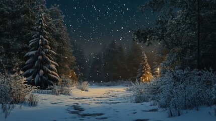 Snow on the background of the forest on Christmas evening with space for an advertising product.