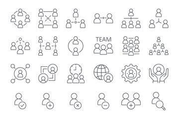 Vector icons business people. Interaction in a team, working group, meetings and communication. Hierarchy and partnership. Human resources and adding new people to the team. Editable stroke line set.