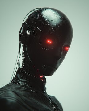 A black artificial intelligence robot with glowing eyes