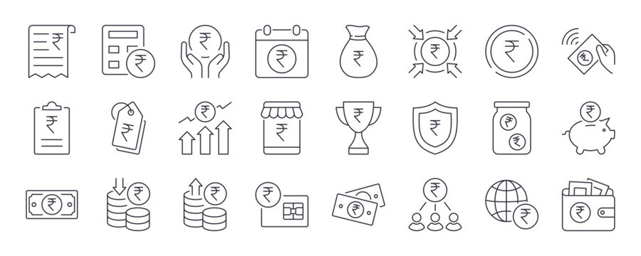 Vector icons of money ₹. National currency of the Republic of India. Banknotes and coins, bank accounts, payments and credit cards. Increase and decrease in value, spending and saving. Editable stroke