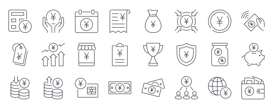 Vector icons of money &yen;. The official currency of Japan. Banknotes and coins. Checks and bank accounts, payments and credit cards. Increase and decrease in value, spending and saving. Editable stroke.