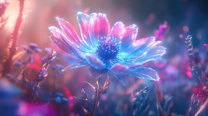 A surreal abstract flower blooming in a field of light, with petals glowing in shades of blue, pink, and purple, evoking a magical atmosphere