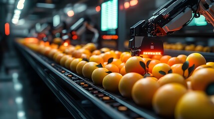 Robotic arms with advanced sensors scanning food items under laser light, detecting microscopic details at an ultra-modern industrial station