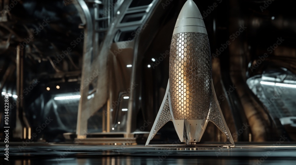 Aufkleber a detailed metallic rocket is positioned within a high-tech space facility, illuminated by bright li