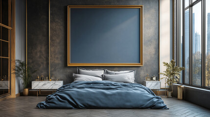 A large, blank picture frame hangs on the wall of an elegant bedroom with dark blue and gray tones, gold accents, marble nightstands, potted plants, a view outside through floor-to-ceiling windows.