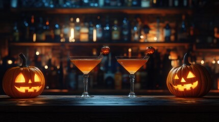 Two pumpkin martini on the bar counter with pumpkin lantern for halloween party. Festive cocktails.