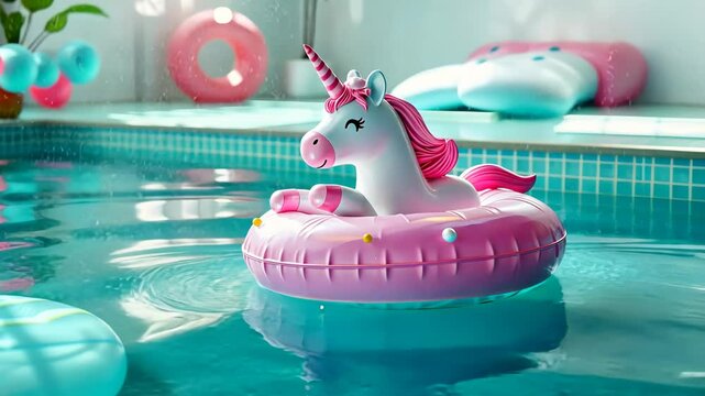 A pink unicorn float drifts in a pool of turquoise water