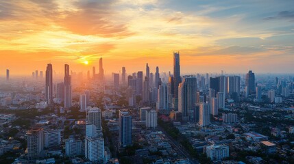 Fototapeta premium Cityscape at Sunset with Vibrant Sky Colors