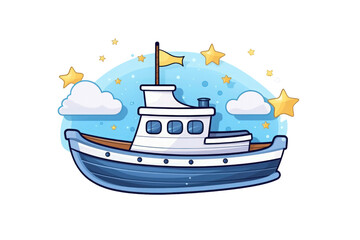 Obraz premium A boat with a yellow star, clouds, stars, and blue sky is perfect for summer vacation brochures or nautical themed designs. Generative AI