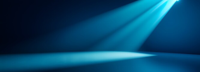 1. A striking 3D render of an abstract dark studio room illuminated by a vibrant blue neon searchlight, casting dramatic shadows and creating a spotlight effect for a sleek product showcase