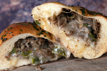 Philly Cheese steak Sub Roll with Melting Cheese Close Up