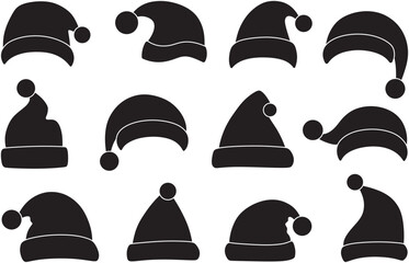 set of santa hat silhouettes vector illustration black Christmas santas cap
