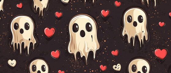 Halloween style pattern wallpaper. Cartoon character background. illustration of cute ghosts with hearts at the colorful background