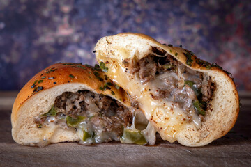 Philly Cheese steak Sub Roll with Melting Cheese with Green Peppers