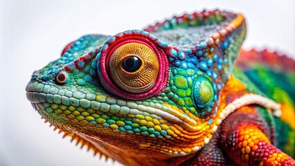 Fototapeta premium Colorful Chameleon Figure with Vibrant Details on White Background for Nature and Wildlife Photography