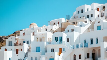 Fototapeta premium Captivating Minimalist Background of Traditional Greek Architecture: A Low Angle Perspective of White Houses Under a Clear Blue Summer Sky Amidst Modern Residential Construction in the Open Air
