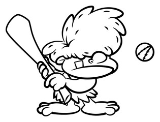 Little Caveman cartoon characters wearing leather clothes, Smashing a ball with baseball bat. Best for coloring book, logo, and outline with sports themes for kids