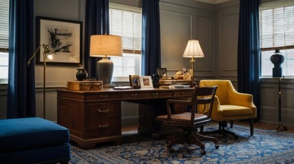 A highly detailed, cinematic photograph of a spacious and cozy office interior, illuminated solely by warm, yellow-hued table lamps and floor lamps, casting a comforting glow on the surrounding matte