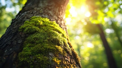 Obraz premium A brown tree trunk covered in moss, with detailed bark textures illuminated by soft sunlight