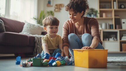 Parent teaching their child how to separate recycling in their living room – the child has lighter skin, They smile while sorting paper, plastics, and metals.