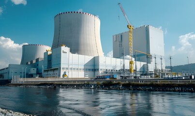 Cooling Towers and Crane at an Industrial Water Power Plant