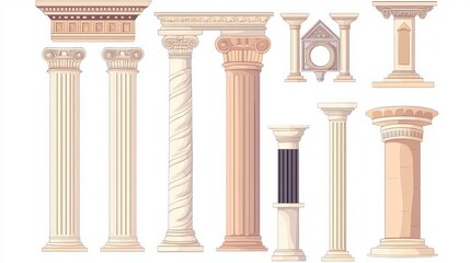 Fototapeta premium Timeless Elegance: A Hand-Drawn Collection of Greek and Roman Antique Architectural Elements Featuring Classic Columns, Vintage Structures, and Historical Design Motifs