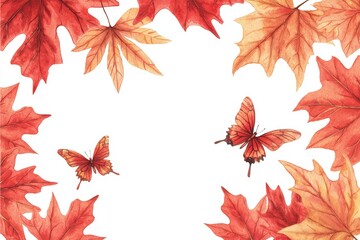 Vibrant autumn leaves and butterflies create a beautiful frame against a white background, perfect for seasonal themes or nature-inspired projects.