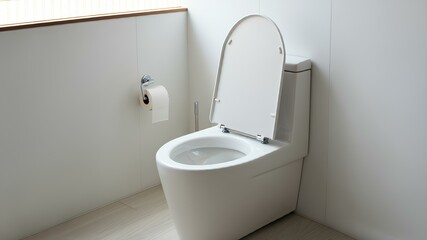 Japanese style toilet bowl. Clean space.｜日本式のトイレの便器、清潔な空間、ウォシュレット