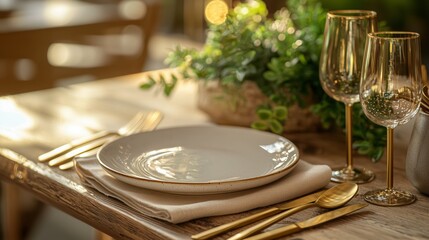 Elegant dining setup with sparkling glassware and greenery in a sunlit outdoor setting during early evening hours
