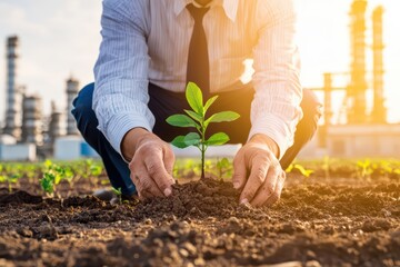 A businessman planting a young sapling in rich soil, symbolizing environmental conservation and sustainable development under a sunset backdrop.