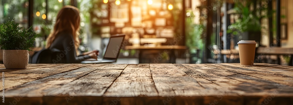 Poster 1. **inviting product display:** create an image of a rustic wooden table in a modern cafe, adorned 