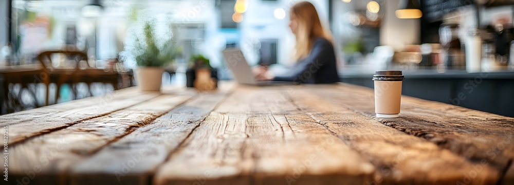 Poster 1. **inviting product display:** create an image of a rustic wooden table in a modern cafe, adorned 