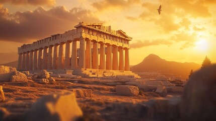 Obraz premium The Majestic Ruins of the Parthenon: A Timeless Symbol of Ancient Greek Civilization Glowing Under the Golden Hues of Sunset on the Acropolis in Athens, Greece