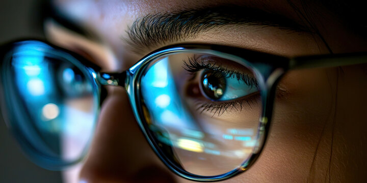 A woman with glasses is looking at a computer screen