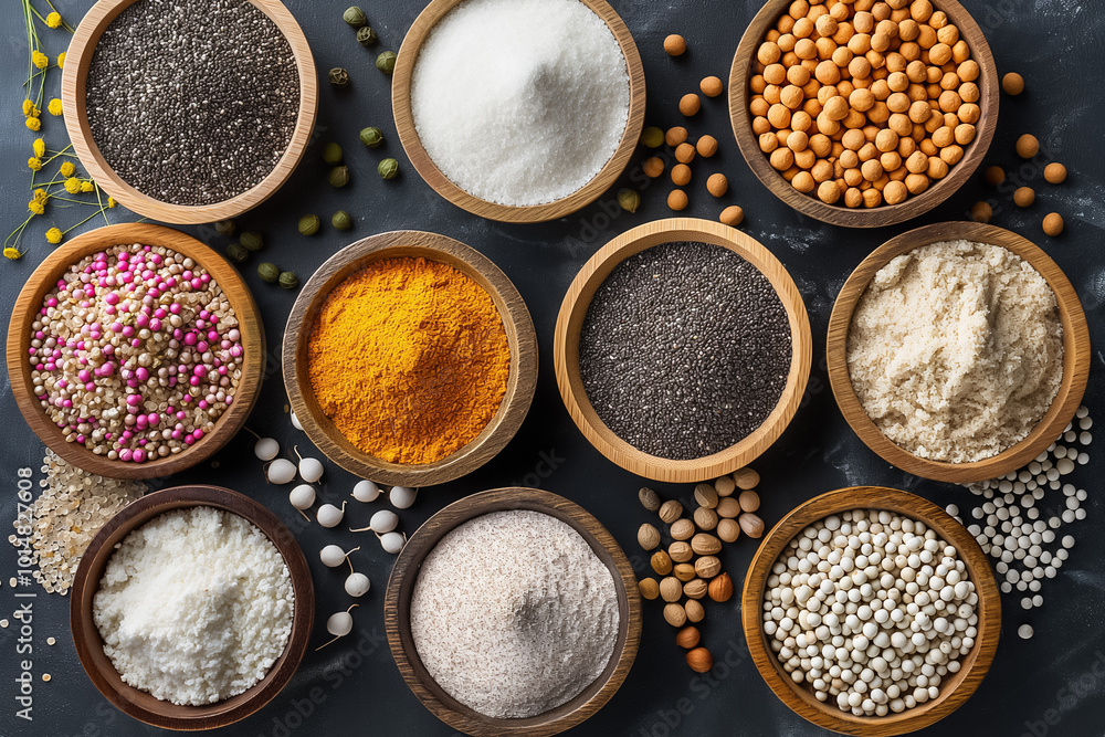 Poster an array of spices and ingredients, including colorful powders and grains, is artfully arranged in w