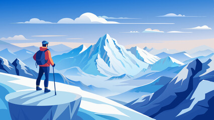 Skier Standing on Mountaintop Overlooking Snowy Plains. Perfect for: Christmas, Winter Sports, Mountain summits