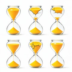 A collection of hourglasses showing different states, some intact and others cracked, symbolizing the passage of time and the fragility of life.
