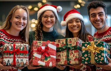 Christmas Celebration with Diverse Friends Holding Gifts and Smiling