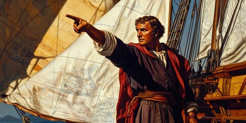 Obraz premium [Columbus pointing toward the horizon, surrounded by navigational charts and the sails of his ship], on a white background, high resolution, high detail, 