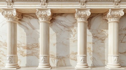 Obraz premium 3D Render of Classic Beige Pillars and Pedestal Against Roman Columns Backdrop for Product Display in Ancient Greek Marble Architecture