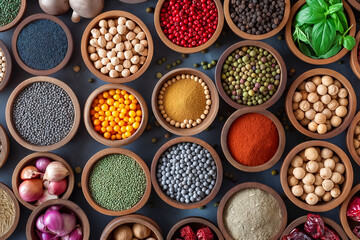 A vibrant collection of spices and herbs arranged in wooden bowls showcases various colors and textures, creating an inviting atmosphere for culinary creativity