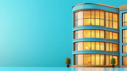 Modern building with large windows and vibrant blue exterior, showcasing sleek design and warm interior lighting. structure is complemented by greenery, creating welcoming atmosphere