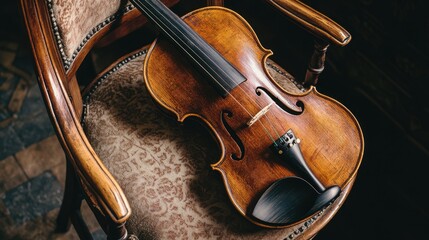 Fototapeta premium A brown wooden violin resting on a chair, with fine details of the wood grain and strings captured in soft light
