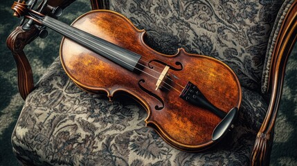 Fototapeta premium A brown wooden violin resting on a chair, with fine details of the wood grain and strings captured in soft light