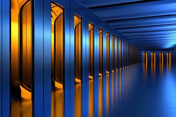 A futuristic corridor showcasing sleek design with blue and orange lighting, creating a stunning modern aesthetic.