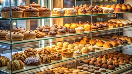 Assorted baked goods in a glass display case , bakery, pastries, muffins, cupcakes, cookies, cakes, sweet treats